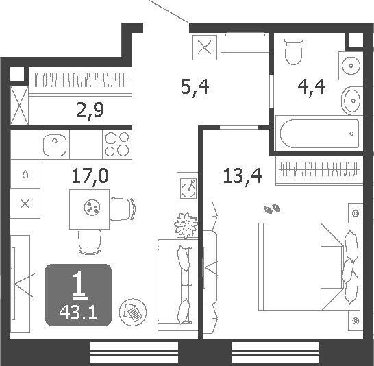 2-комн., 43.1 м², 16/19 этаж, ЖК «Шагал»