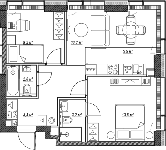 3-комн., 55.5 м², 12/46 этаж, ЖК «Веер»