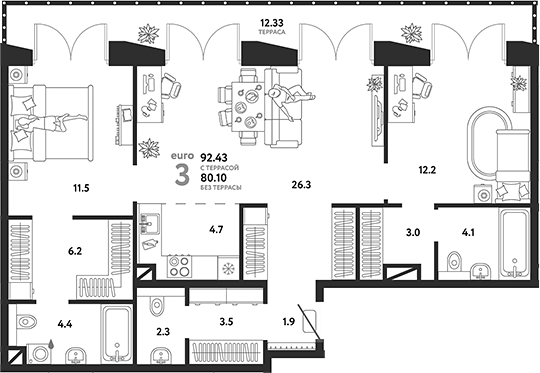3-комн., 80.1 м², 19/19 этаж, ЖК «Страна.Озерная»