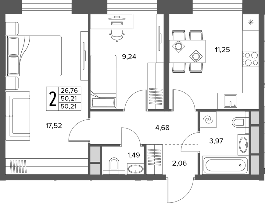 2-комн., 50.21 м², 8/18 этаж, ЖК «Городской бор»
