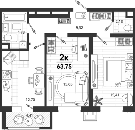 2-комн. квартира, 59.34 м² в ЖК Родные Просторы — фото 2