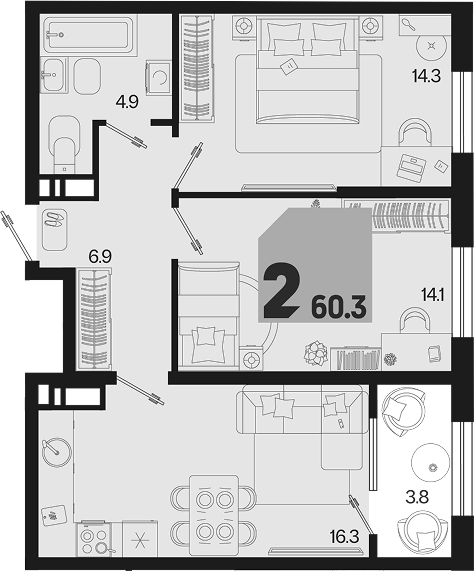 Продается 2-комн. квартира, 56.5 м² — фото 2