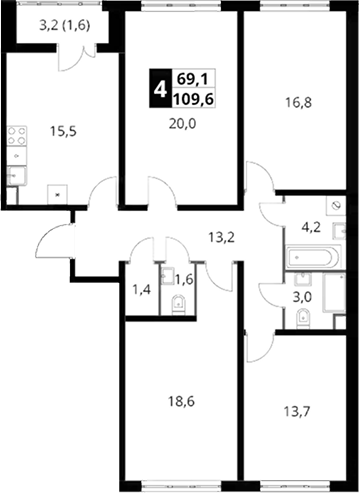 4+ комнаты, 108 м², 8/23 этаж, ЖК «Южная Битца»