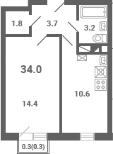 1-комн., 33.7 м², 4/4 этаж, ЖК «Южная Долина»