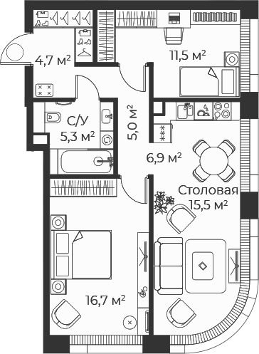3-комн., 65.6 м², 6/35 этаж, ЖК «Веер»