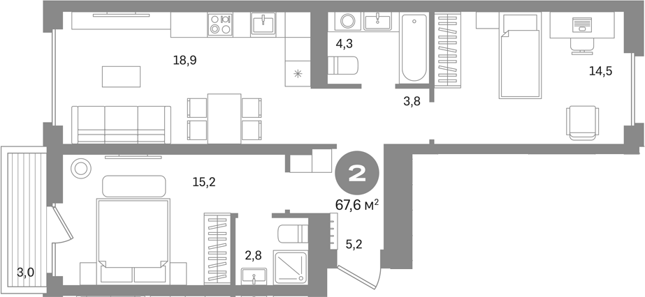 2-комн., 64.6 м², 2/4 этаж, ЖК «Первый квартал. Вторая очередь»