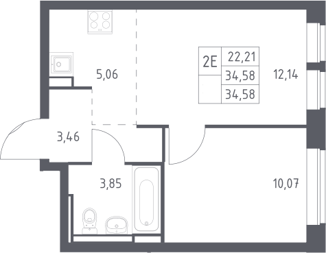 2-комн., 34.58 м², 7/12 этаж, ЖК «Богдановский лес»