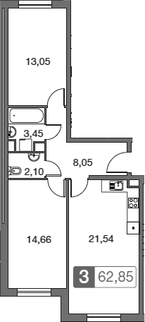 3-комн., 62.7 м², 1/4 этаж, ЖК «Равновесие»