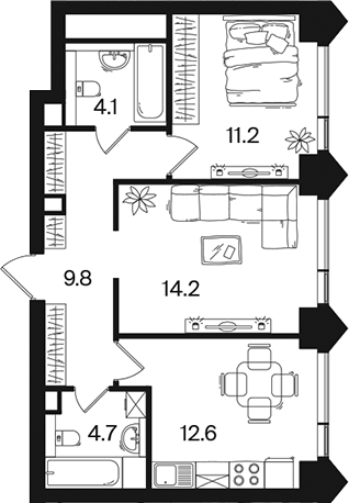 2-комн., 56.6 м², 26/44 этаж, ЖК «РАКУРС»
