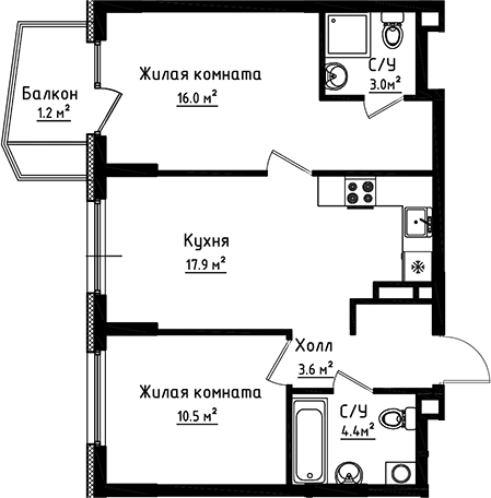 2-комн., 55.4 м², 4/6 этаж, ЖК «Коллекция»