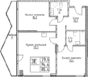 3-комн., 74.4 м², 16/29 этаж, ЖК «Наметкин Тауэр»