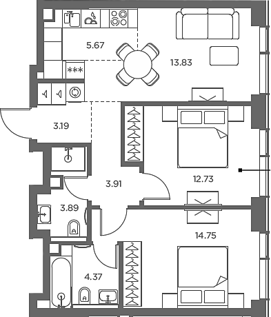 3-комн., 62.34 м², 34/49 этаж, ЖК «TATE»