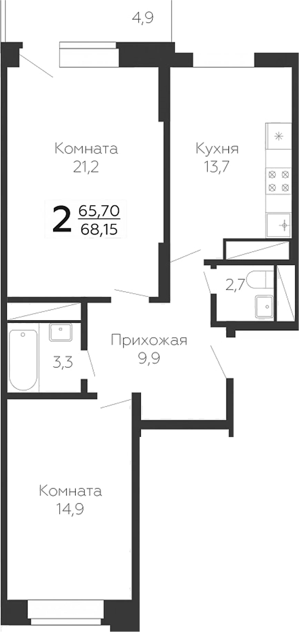 2-комн., 66.68 м², 13/22 этаж, ЖК «Онегин. ГК Развитие»