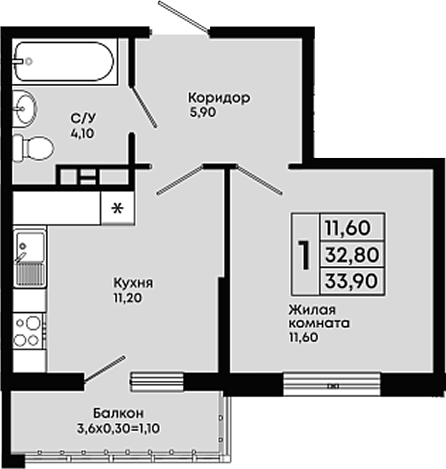 1-комн., 32.8 м², 4/9 этаж, ЖК «Премьер»