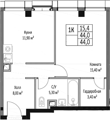 1-комн., 44 м², 13/26 этаж, ЖК «ЭМОУШН»