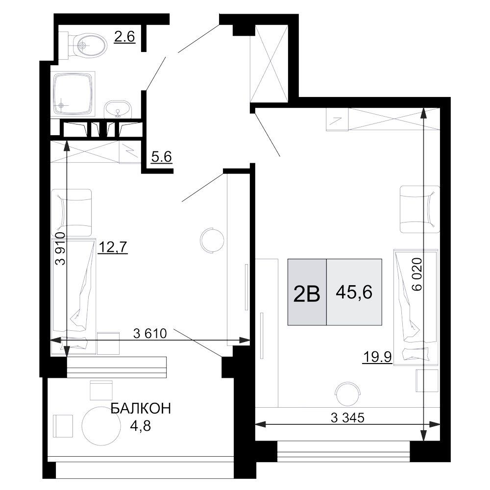 2-комн., 40.8 м², 6/9 этаж, ЖК «Гостиничный комплекс Мореград»