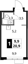 Студия, 20.9 м², 22/24 этаж, ЖК «1-й Донской»