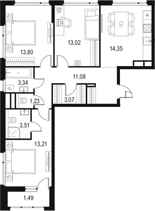 3-комн., 76.69 м², 11/15 этаж, ЖК «Левел Лесной»