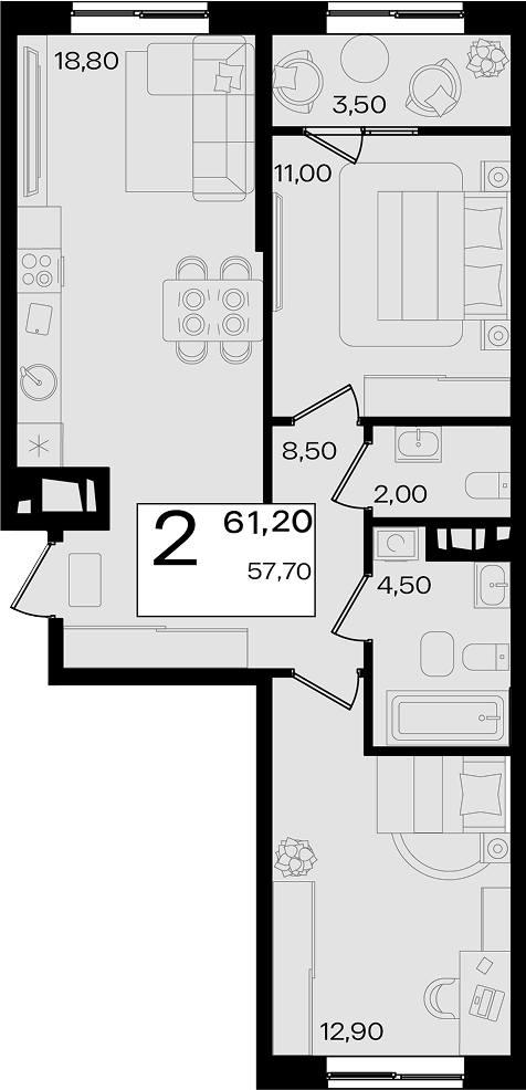 3-комн. квартира, 57.7 м² в ЖК Патрики — фото 2