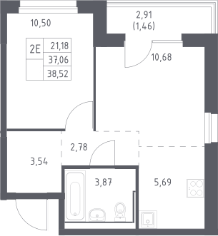 2-комн., 37.06 м², 15/17 этаж, ЖК «Прибрежный Парк»