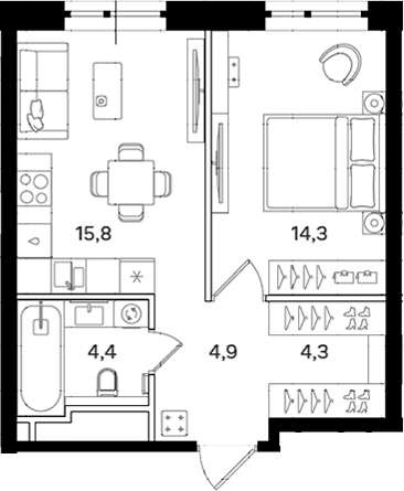 1-комн., 43.7 м², 19/24 этаж, ЖК «Мангазея на Речном»