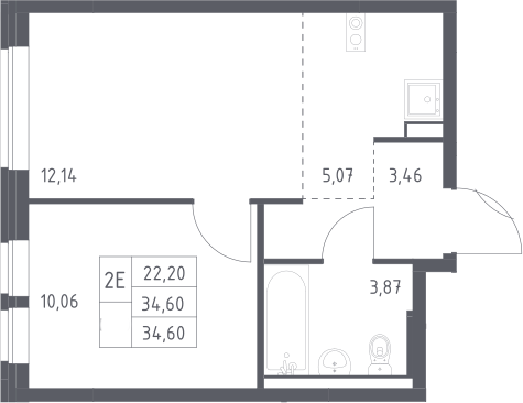 2-комн., 34.6 м², 15/17 этаж, ЖК «Квартал Авиаторов»