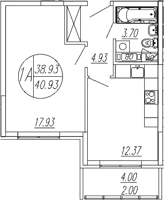 1-комн., 38.93 м², 3/4 этаж, ЖК «Шолохово»