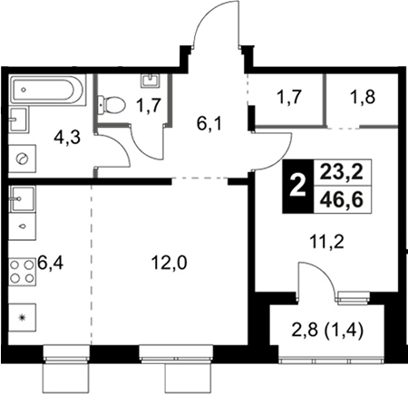 2-комн., 45.2 м², 11/18 этаж, ЖК «1-й Ясеневский»