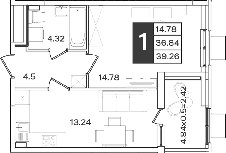 1-комн., 36.84 м², 2/18 этаж, ЖК «Сюжеты»