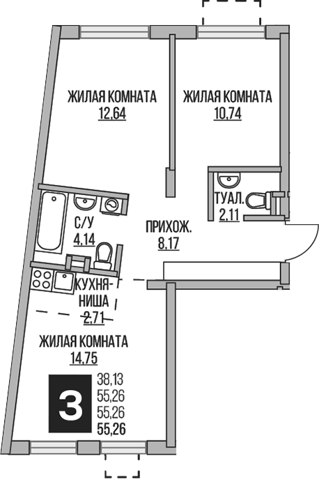 3-комн., 55.26 м², 1/6 этаж, ЖК «Гранель Аникеевский»