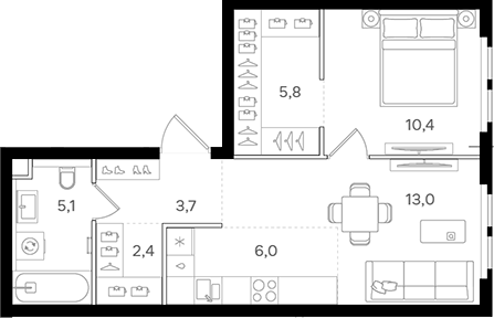 2-комн., 46.4 м², 16/25 этаж, ЖК «НАЗАРЕ»