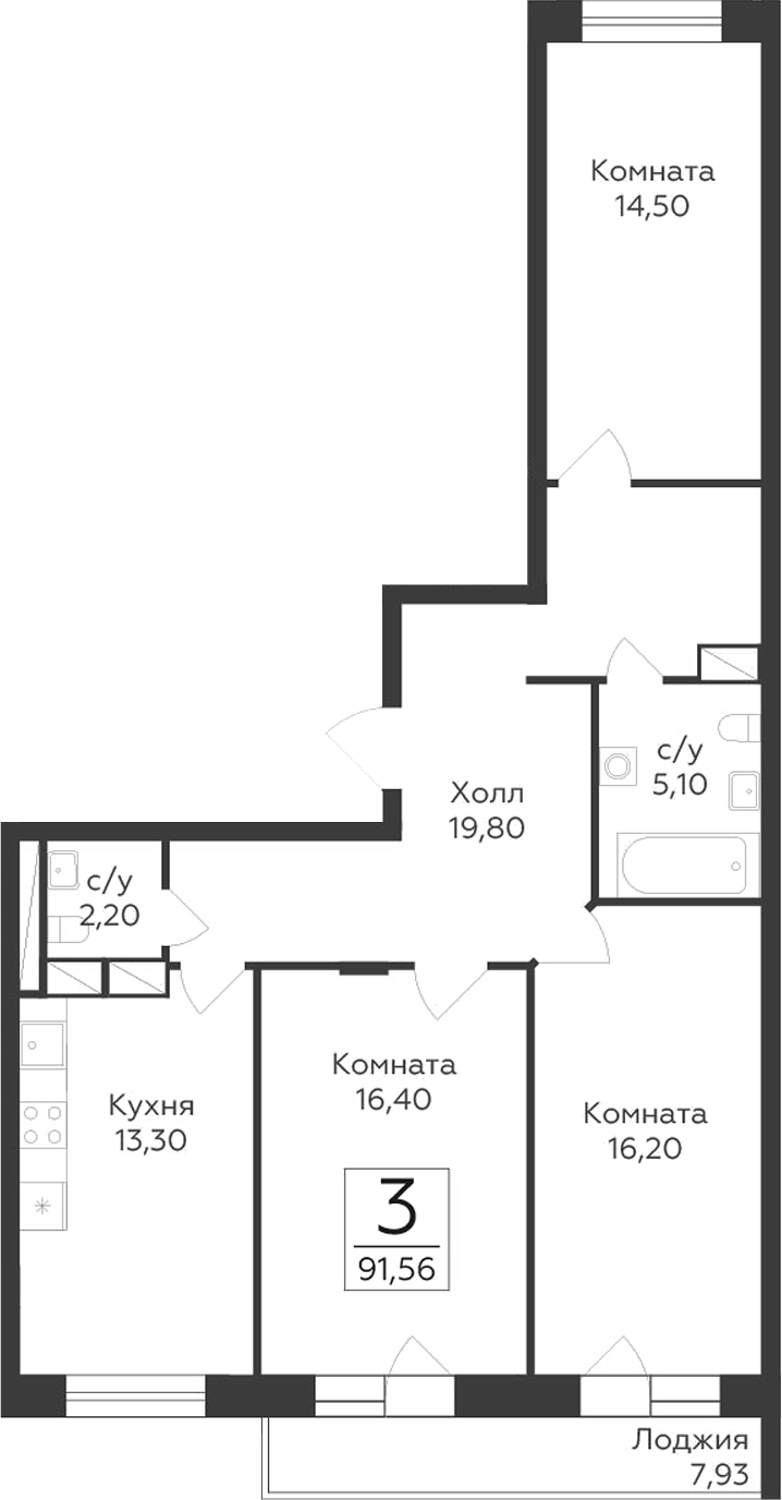 3-комн., 87.59 м², 16/17 этаж, ЖК «Малаховский»