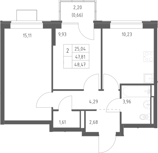 2-комн., 47.81 м², 12/12 этаж, ЖК «Богдановский лес»