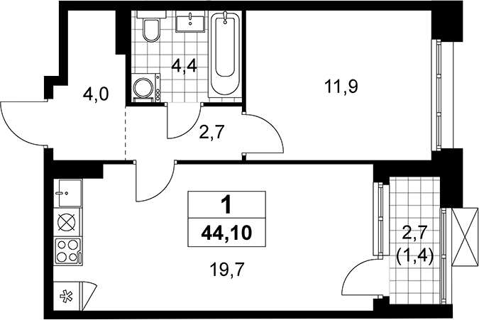 2-комн., 42.7 м², 15/19 этаж, ЖК «Прокшино»