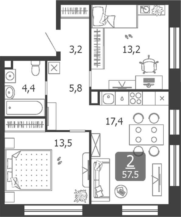 3-комн., 57.5 м², 12/19 этаж, ЖК «Шагал»