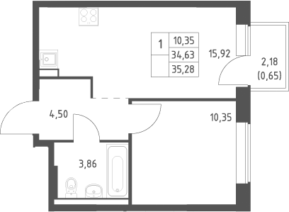 2-комн., 34.63 м², 8/12 этаж, ЖК «Большое Юрлово»