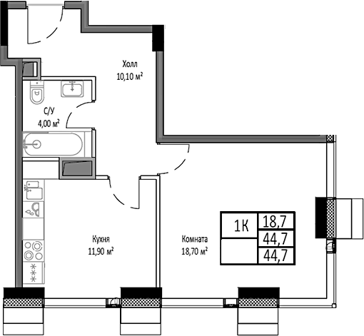 1-комн., 44.7 м², 14/35 этаж, ЖК «Мираполис»