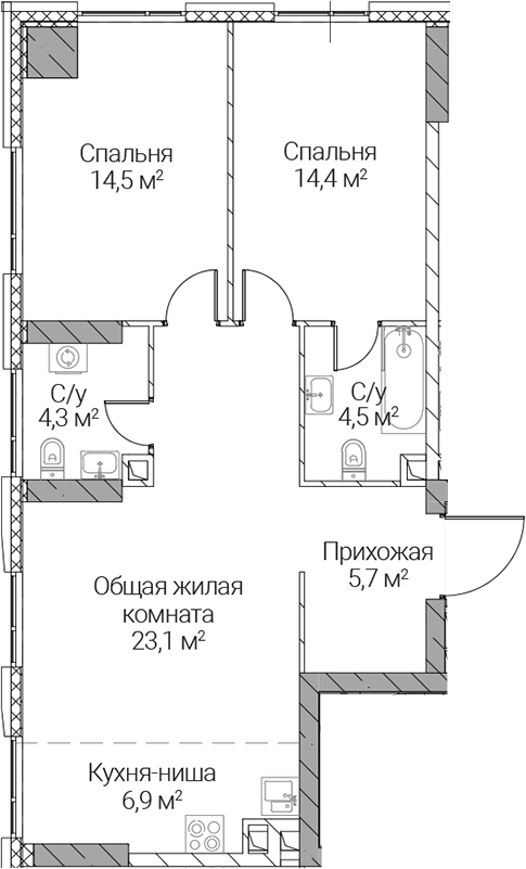 3-комн., 73.4 м², 6/36 этаж, ЖК «СЕЗАР СИЛИКА»