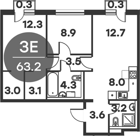 3-комн., 62.6 м², 6/6 этаж, ЖК «Равновесие»