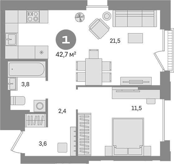 1-комн., 42.7 м², 11/16 этаж, ЖК «Квартал Герцена»