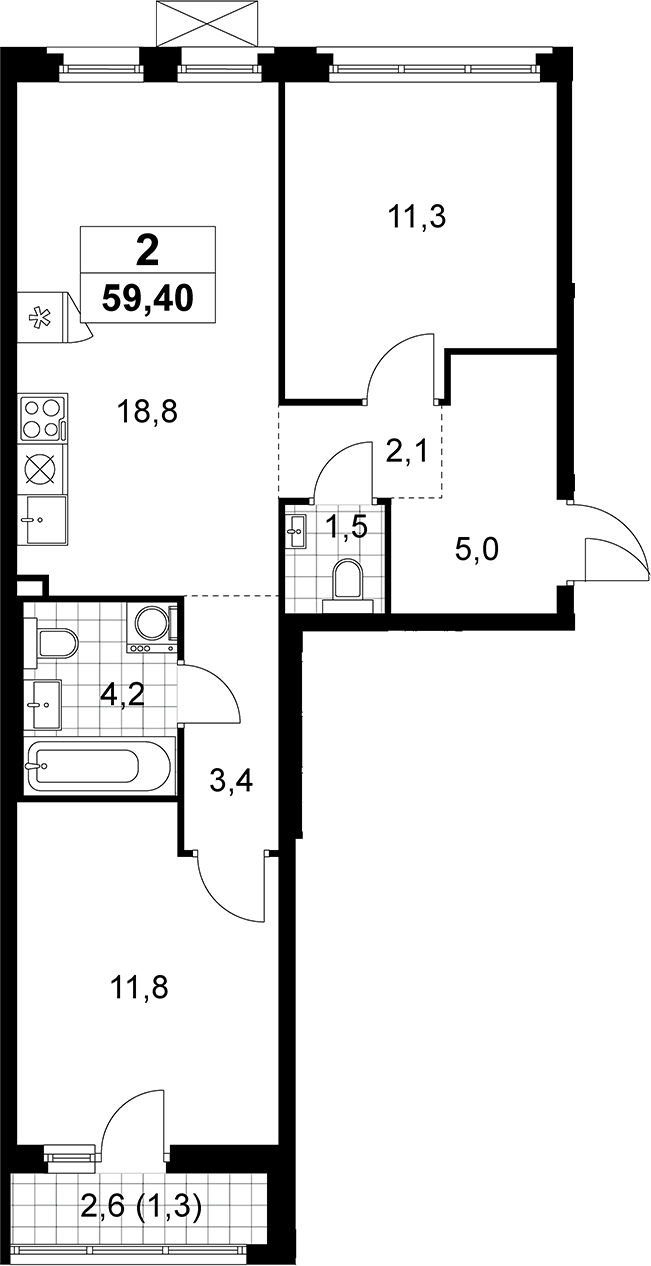 3-комн., 58.1 м², 2/14 этаж, ЖК «Прокшино»