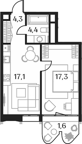 2-комн., 43.1 м², 18/23 этаж, ЖК «Союз»