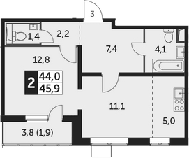 2-комн., 44 м², 10/24 этаж, ЖК «Южная Битца»