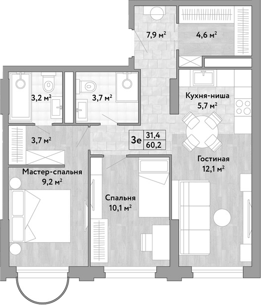 3-комн., 60.2 м², 2/17 этаж, ЖК «Новые Смыслы»