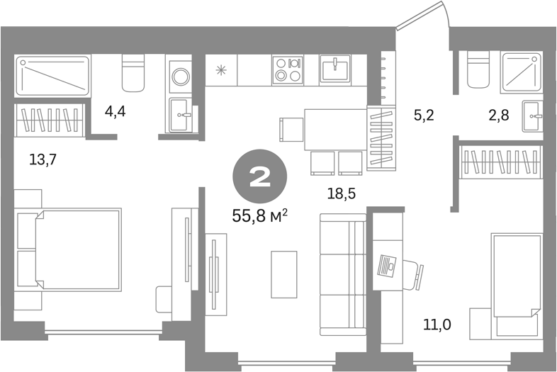 2-комн., 55.8 м², 9/9 этаж, ЖК «Первый квартал. Вторая очередь»
