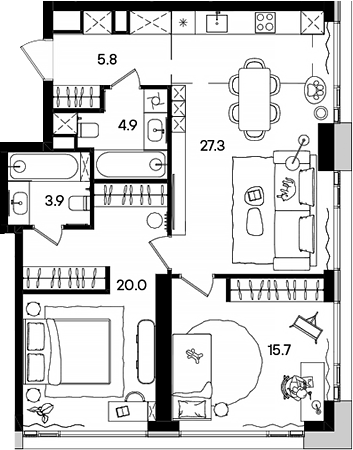 3-комн., 77.6 м², 13/45 этаж, ЖК «СТОУН Грэйн»