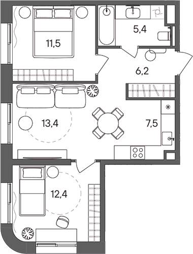 3-комн., 56.4 м², 5/24 этаж, ЖК «СТОУН Сокольники»