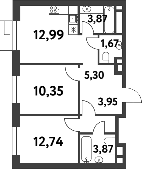 2-комн., 54.74 м², 7/16 этаж, ЖК «Смарт Гарден»
