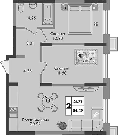 2-комн. квартира, 54.49 м² в ЖК Зеленая территория — фото 2