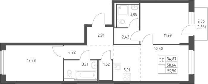 3-комн., 58.64 м², 6/17 этаж, ЖК «Горки Парк»